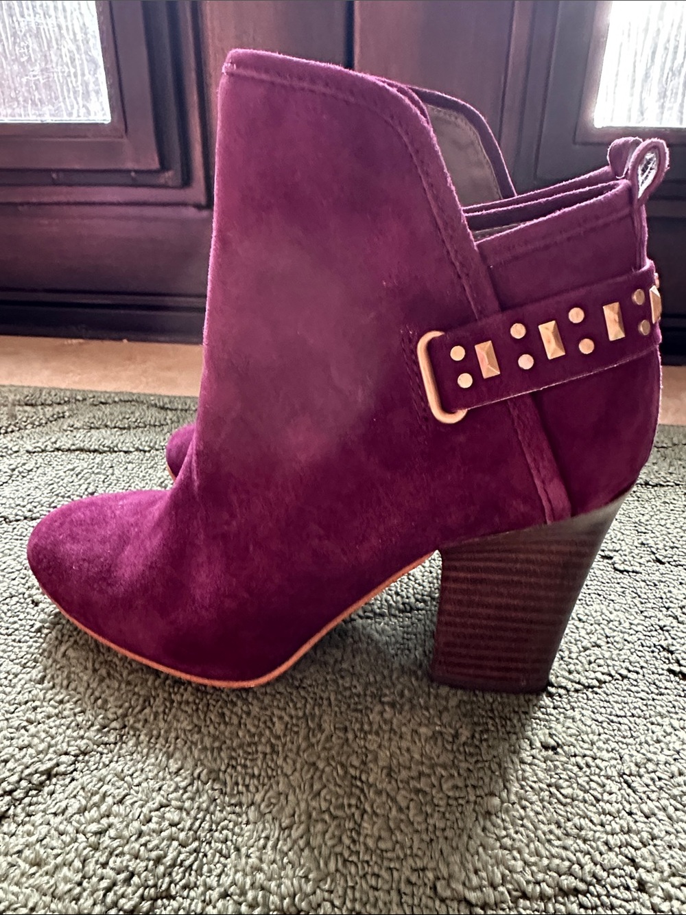 7.5 Suede Leather Ankle Bootie in Wine w/ Studded Strap New not worn. See photos